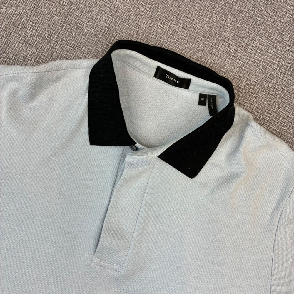 Theory Polo Shirt Mens Size M Light Blue Contrast Collar Short Sleeve